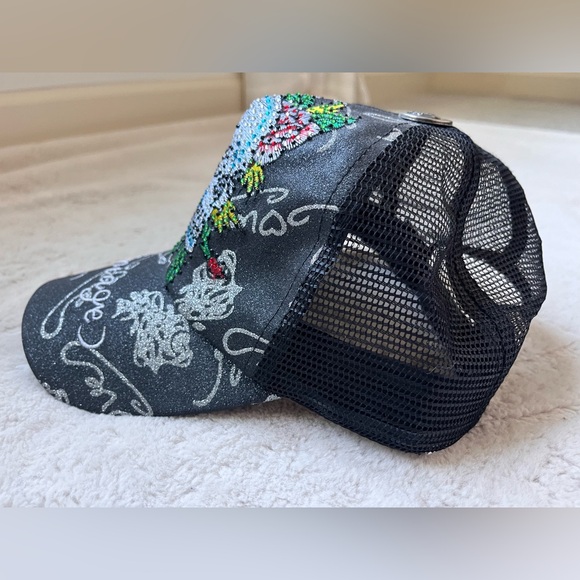 Vintage Skull, Flowers, and Rhinestone Trucker Hat - Picture 3 of 6